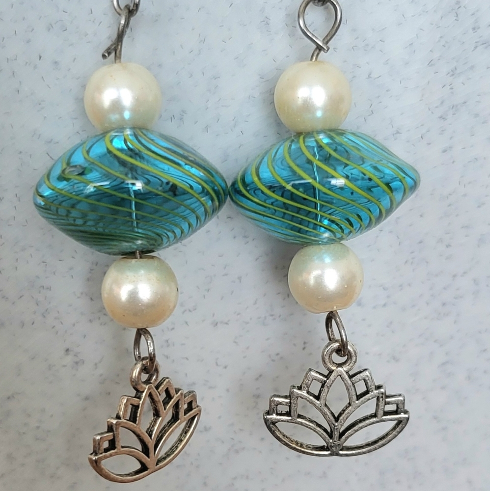 Zen Style Teal Swirl Glass And Lotus Sil Earrings